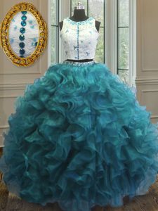 Ball Gowns Sweet 16 Dresses Teal Scoop Organza Sleeveless Floor Length Clasp Handle