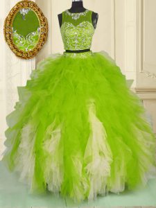 Tulle Scoop Sleeveless Zipper Beading and Ruffles 15 Quinceanera Dress in Multi-color