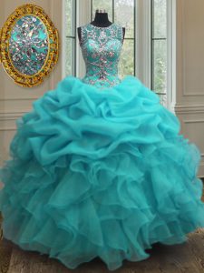 Baby Blue 15th Birthday Dress Military Ball and Sweet 16 and Quinceanera with Beading and Ruffles Scoop Sleeveless Lace Up