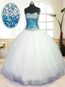 Sexy Sleeveless Floor Length Beading Lace Up Quinceanera Dresses with White