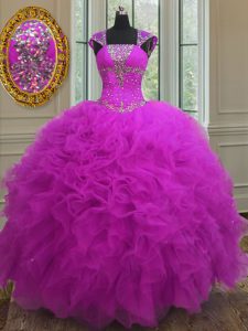Spectacular Straps Floor Length Fuchsia 15th Birthday Dress Organza Sleeveless Beading and Ruffles and Sequins