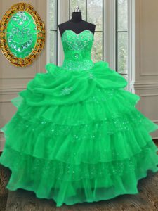 Green Organza Lace Up Halter Top Sleeveless Floor Length Sweet 16 Dresses Beading and Ruffled Layers and Pick Ups