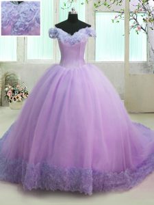 Off the Shoulder Lilac Short Sleeves Organza Court Train Lace Up 15 Quinceanera Dress for Military Ball and Sweet 16 and Quinceanera