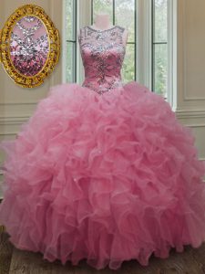 Charming Scoop Rose Pink Organza Lace Up Quinceanera Dress Sleeveless Floor Length Beading and Ruffles