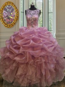On Sale Scoop Sleeveless Quinceanera Gown Floor Length Beading and Ruffles and Pick Ups Lilac Organza