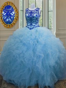 Baby Blue Ball Gown Prom Dress Military Ball and Sweet 16 and Quinceanera with Beading and Ruffles Scoop Sleeveless Lace Up