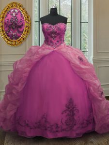 Super Fuchsia Organza Lace Up Sweetheart Sleeveless With Train Sweet 16 Quinceanera Dress Court Train Beading and Appliques and Pick Ups