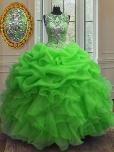 Extravagant Scoop Floor Length Lace Up Quinceanera Gown Green for Military Ball and Sweet 16 and Quinceanera with Beading and Ruffles and Pick Ups