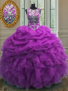 Scoop Floor Length Purple Quinceanera Gowns Organza Sleeveless Beading and Ruffles and Pick Ups