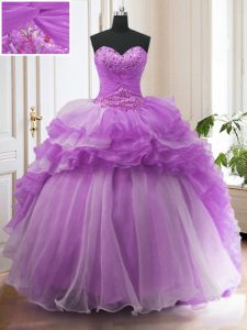 Best Selling Purple Lace Up Sweetheart Beading and Ruffled Layers 15th Birthday Dress Organza Sleeveless Sweep Train