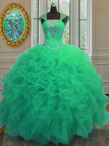 Luxurious Turquoise Organza Lace Up Straps Cap Sleeves Floor Length Quinceanera Gown Beading and Ruffles and Sequins