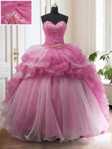 Custom Design Ruffled Sweetheart Sleeveless Sweep Train Lace Up Sweet 16 Dress Rose Pink Organza