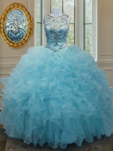 Delicate Aqua Blue Quinceanera Dress Military Ball and Sweet 16 and Quinceanera with Beading and Ruffles Scoop Sleeveless Lace Up