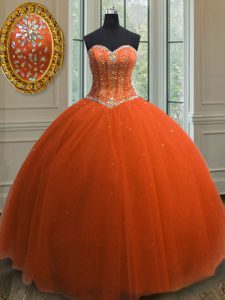 Tulle Sweetheart Sleeveless Lace Up Beading and Sequins Quinceanera Dresses in Orange Red