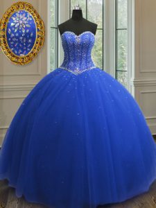 Pretty Sleeveless Floor Length Beading and Sequins Lace Up Ball Gown Prom Dress with Royal Blue