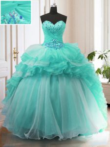 With Train Ball Gowns Sleeveless Turquoise 15 Quinceanera Dress Sweep Train Lace Up