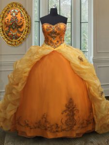 On Sale Orange Ball Gowns Beading and Appliques and Pick Ups Ball Gown Prom Dress Lace Up Organza Sleeveless With Train