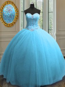 Super Sequins Sweetheart Sleeveless Lace Up 15th Birthday Dress Baby Blue Tulle