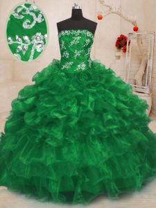 Dazzling Strapless Sleeveless Lace Up Sweet 16 Dress Green Organza