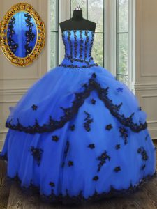 Blue Strapless Neckline Appliques Quinceanera Dresses Sleeveless Lace Up