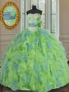 Eye-catching Sweetheart Sleeveless Quinceanera Gowns Floor Length Beading and Appliques and Ruffles and Sashes ribbons and Hand Made Flower Multi-color Organza