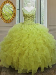Custom Design Ball Gowns Sweet 16 Dresses Yellow Green V-neck Organza Sleeveless Floor Length Zipper