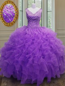 Exceptional Purple Organza Zipper V-neck Sleeveless Floor Length Sweet 16 Dresses Beading and Ruffles