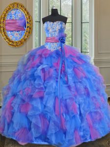 Sleeveless Floor Length Beading and Appliques and Ruffles and Sashes ribbons and Hand Made Flower Lace Up Quinceanera Gown with Multi-color