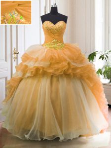 Fashionable With Train Lace Up Quinceanera Dress Orange for Military Ball and Sweet 16 and Quinceanera with Beading and Ruffled Layers Sweep Train
