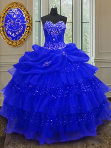 Royal Blue Organza Lace Up Sweetheart Sleeveless Floor Length Quince Ball Gowns Beading and Ruffled Layers and Pick Ups