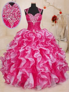 Luxurious White And Red Organza Lace Up Sweetheart Sleeveless Floor Length Vestidos de Quinceanera Beading and Ruffles