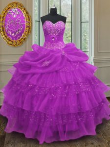 Halter Top Sleeveless Sweet 16 Quinceanera Dress Floor Length Beading and Ruffled Layers and Pick Ups Purple Organza