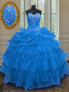 Hot Selling Sleeveless Floor Length Beading and Ruffled Layers and Pick Ups Lace Up Quinceanera Gowns with Blue