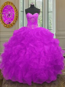 Amazing Purple Ball Gowns Organza Sweetheart Sleeveless Beading and Embroidery and Ruffles Floor Length Lace Up Quinceanera Gown
