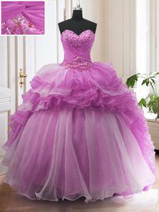 High End Lilac Ball Gowns Organza Sweetheart Sleeveless Beading and Ruffled Layers With Train Lace Up Ball Gown Prom Dress Sweep Train