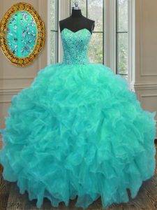 Admirable Ball Gowns 15 Quinceanera Dress Aqua Blue Sweetheart Organza Sleeveless Floor Length Lace Up
