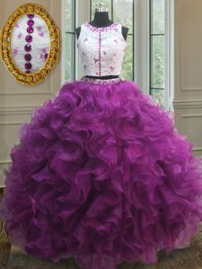 Customized Scoop Sleeveless Floor Length Appliques and Ruffles Clasp Handle Sweet 16 Quinceanera Dress with Fuchsia