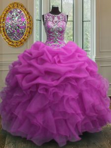 Sophisticated Scoop Fuchsia Ball Gowns Beading and Ruffles and Pick Ups Sweet 16 Quinceanera Dress Lace Up Organza Sleeveless Floor Length