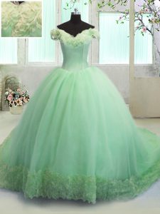 Classical Off the Shoulder Short Sleeves Organza Court Train Lace Up Sweet 16 Dresses for Military Ball and Sweet 16 and Quinceanera