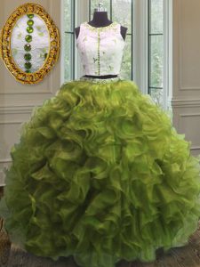 Beauteous Organza Scoop Sleeveless Clasp Handle Appliques and Ruffles Quinceanera Dress in Olive Green