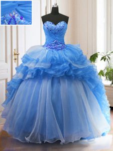 On Sale Blue Ball Gowns Beading and Ruffled Layers Vestidos de Quinceanera Lace Up Organza Sleeveless With Train