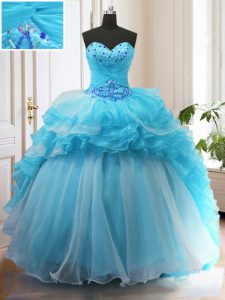 Baby Blue Quinceanera Dress Organza Sweep Train Sleeveless Beading and Ruffled Layers