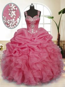 Extravagant Floor Length Zipper Quince Ball Gowns Pink for Military Ball and Sweet 16 and Quinceanera with Beading and Ruffles and Pick Ups