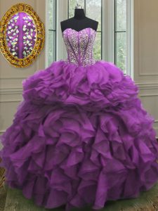 On Sale Organza Sweetheart Sleeveless Lace Up Beading and Ruffles Ball Gown Prom Dress in Purple