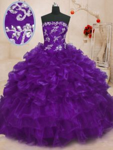 Chic Purple Ball Gowns Beading and Appliques and Ruffles 15th Birthday Dress Lace Up Organza Sleeveless Floor Length