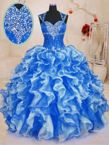 Discount Floor Length Lace Up Ball Gown Prom Dress Royal Blue for Military Ball and Sweet 16 and Quinceanera with Beading and Ruffles