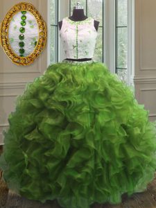 Green Ball Gowns Organza Scoop Sleeveless Appliques and Ruffles Floor Length Clasp Handle Quince Ball Gowns