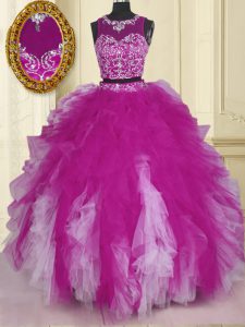 Scoop Floor Length Zipper 15 Quinceanera Dress Fuchsia for Military Ball and Sweet 16 and Quinceanera with Beading and Ruffles