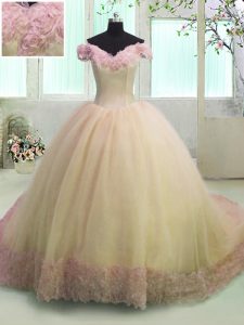 Glamorous Off the Shoulder Hand Made Flower Sweet 16 Dresses Yellow Lace Up Short Sleeves With Train Court Train