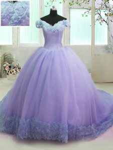Decent Off the Shoulder Lavender Short Sleeves Court Train Hand Made Flower With Train 15th Birthday Dress